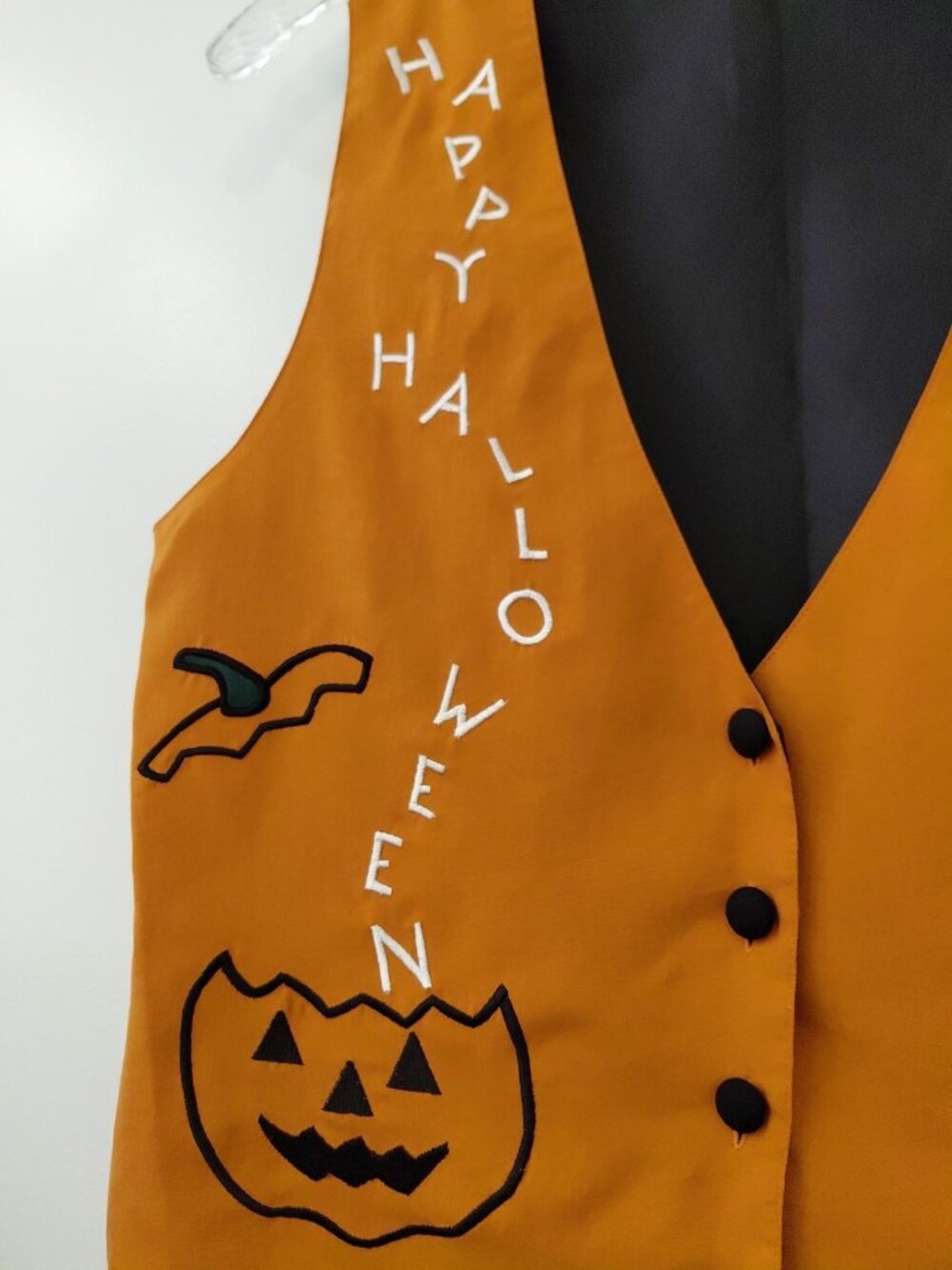 Vintage Halloween Vest Black Cat & Jack-O-Lantern Silk Nylon Orange Black Medium - Picture 3 of 6